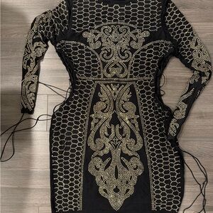 Fashion Nova Black and Gold Patterned Mini Dress